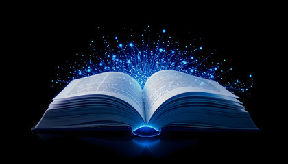 book with blue digital rays, particles and glowing on black background, Global world online education, study, science and future technology , with white tonespng