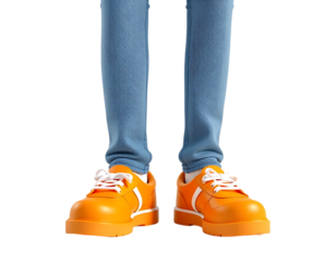 Orange sneakers with white laces and blue jeans.