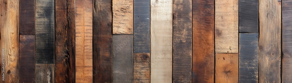Poster a collection of rustic wooden planks showcasing diverse textures and colors, perfect for backgrounds