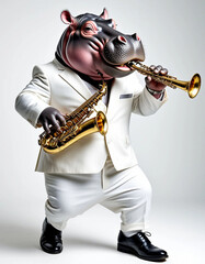 A hippopotamus musician with two saxophones plays in a white suit on a white background