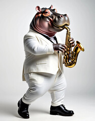 A hippopotamus musician plays the saxophone in a white suit on a white background