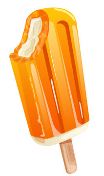 Bitten Orange Creamsicle &ndash; Cartoon Ice Cream Bar Vector Illustration. Summer Frozen Refreshing Treat