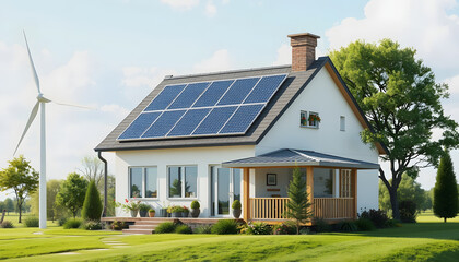 Obraz premium Green energy an eco friendly house - solar energy, wind energy, geothermal energy. Vector concept illustration , with white tonespng