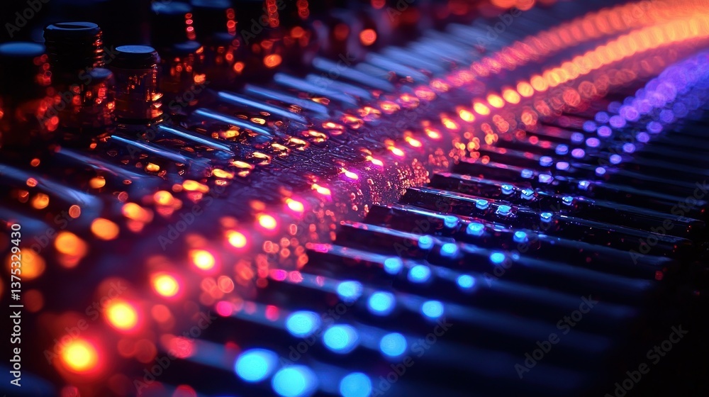 Poster abstract symphony of lights: a close-up view of illuminated mixing console