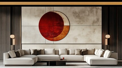 Modern Living Room with Abstract Red Circle Wall Art