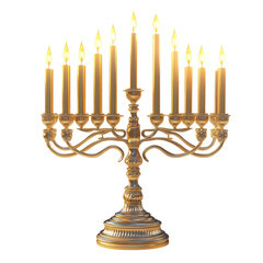 Fototapeta premium A magnificent golden menorah ablaze with the warm glow of eight lit candles, celebrating the miracle of Hanukkah, a symbol of hope and light against a pure white backdrop.