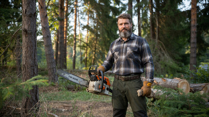 Skilled lumberjack working in a dense forest with a chainsaw during daylight hours