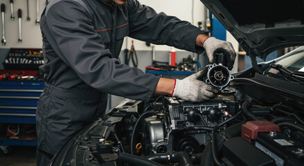 Mechanic repairing engine part in automotive workshop  