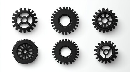 Set of black gears on white background.  Realistic vector illustration of various gear designs, showing different tooth patterns and depth