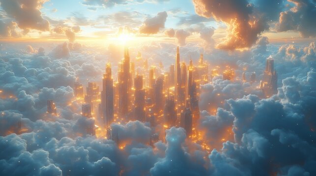 A glowing, futuristic cityscape rises above the clouds at sunset, with towering skyscrapers and ethereal light creating a surreal atmosphere.