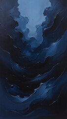 Abstract blue painting with deep textured layers and a light patch. Evokes a sense of depth, water, and mystery.
