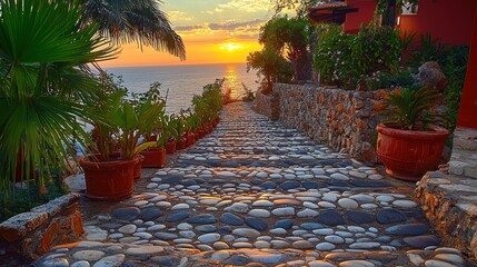Fototapeta premium Sunset Steps to the Sea: A Mediterranean Paradise