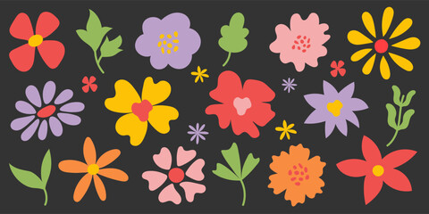 Decorative hand-drawn flowers in flat style. Colorful florals on dark background. Bright botanical illustration with abstract leaves and blossoms. Perfect for textiles, wallpapers, and backgrounds.