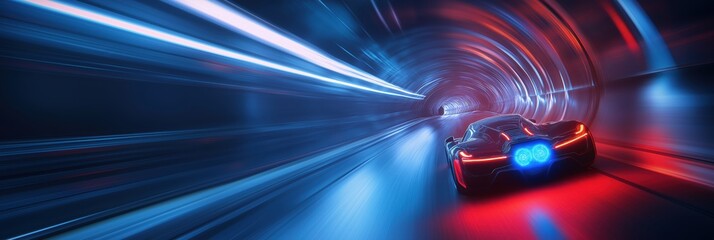 Fototapeta premium a fast-moving car speeding through a futuristic tunnel with streaks of light