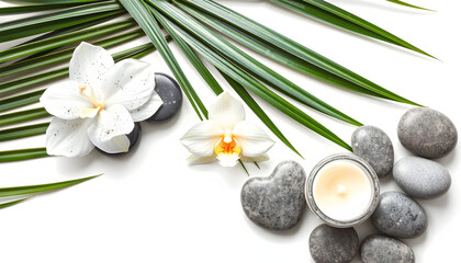 Spa stones, palm leaves, flower white orchid, candle and zen like grey stones on white background. Flat lay, top view , with white tonespng