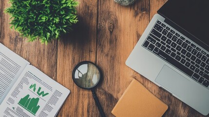 A financial and legal business desk setup with a laptop, contract books, and a magnifying glass.