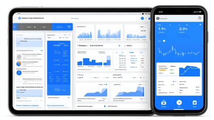 A financial report dashboard displaying stock performance and business insights in blue.