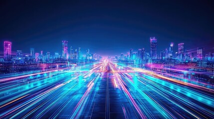 Fototapeta premium Motion blur city in cyberspace featuring a future city landscape concept. A vibrant, futuristic city skyline with dynamic neon lights.