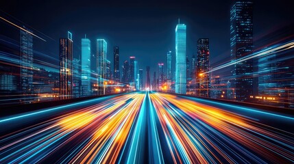 Fototapeta premium Motion blur city with cyberspace skyline and futuristic landscape concept. Futuristic cityscape with vibrant light trails and skyscrapers.