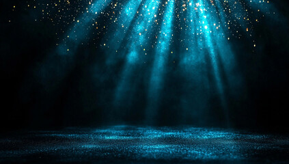 mesmerizing blue beam of light shines through dark background, creating ethereal atmosphere filled with sparkling particles. This abstract scene evokes sense of wonder and tranquility