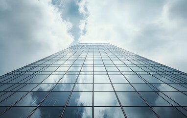 Fototapeta premium A stunning view of a modern skyscraper from below, showcasing its reflective glass facade under a cloudy sky. The powerful architecture represents innovation and urban development.