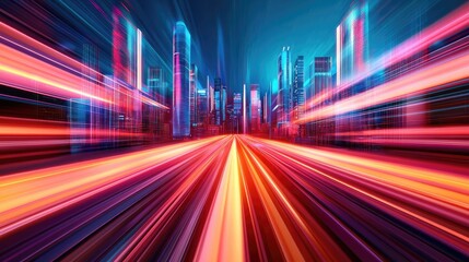 Fototapeta premium Motion blur city with cyberspace skyline and futuristic landscape concept. Dynamic city light trails showcasing urban movement and energy.