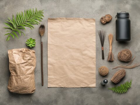 Creative workspace with crafting materials, natural elements, and blank paper ready for artistic projects - Powered by Adobe
