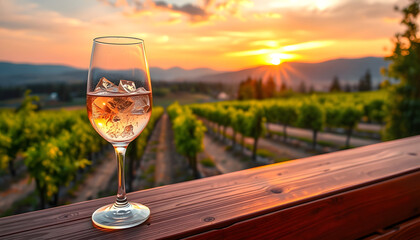 Obraz premium A fresh chilled glass of ice wine overlooking a Canadian vineyard during a Summer sunset , with white tonespng