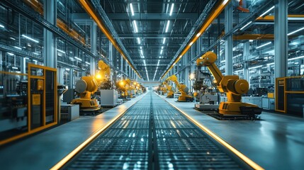 A futuristic factory with glowing production lines and artificial workers.