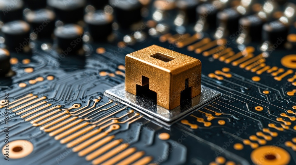 Poster golden microchip on circuit board: a close-up view of modern technology