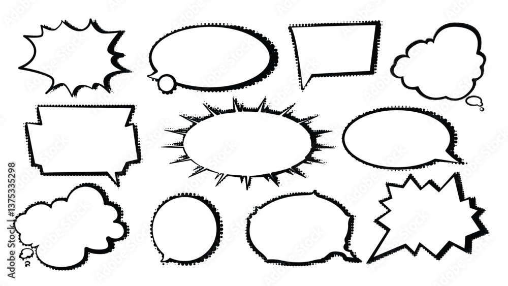 Poster set of speech bubble doodle element vector. hand drawn doodle collection of different speech bubble 