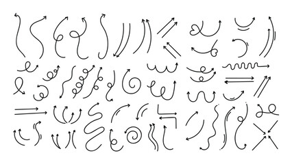 Set of black hand drawn arrow element vector. Collection of doodle arrows, lines, symbol, shapes on white background. Simple icon illustration for education, decoration, map.