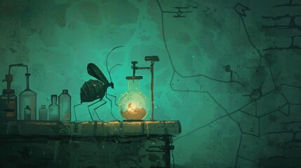 Insect Scientist in a Dark Laboratory, A whimsical illustration of an insect conducting experiments.