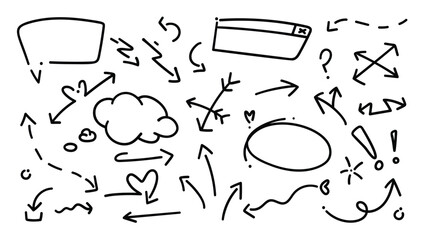 Set of cute pen line doodle element vector. Hand drawn doodle collection of heart, arrows, scribble, speech bubble, star. Design for print, cartoon, card, decoration, sticker.