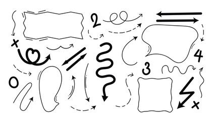 Set of cute pen line doodle element vector. Hand drawn doodle collection of heart, arrows, scribble, speech bubble, star. Design for print, cartoon, card, decoration, sticker.