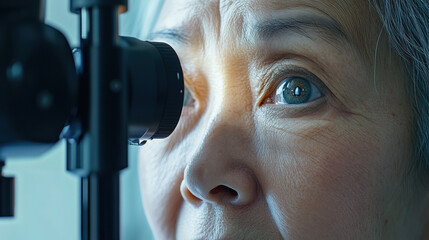 An older Asian woman is having an eye exam at the optometrist's office with a typical Snellen eye chart machine