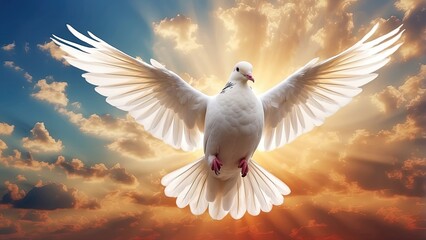 A white dove with outstretched wings soars gracefully against a backdrop of vibrant,