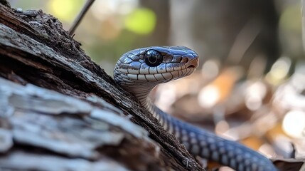 Obraz premium Close-Up View of a Snake Curled on Tree Bark in Natural Habitat