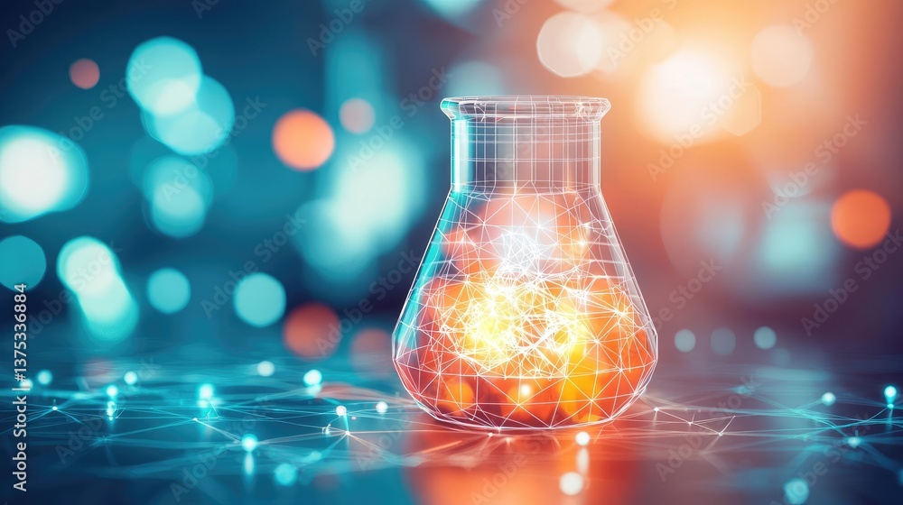 Poster biotechnology polygonal wireframe in advanced technology concept. futuristic laboratory flask with g