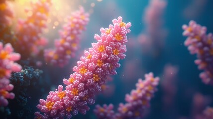 Fototapeta premium Microscopic Coral Structures: A Detailed Look into the Intricate Beauty of Pink and Orange Coral Polyps Under a Microscope.