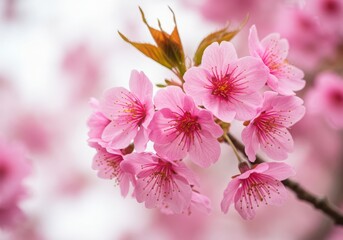 Naklejka premium A close up view of pink cherry blossoms on a branch with a soft blurred background of more blooms transparent background