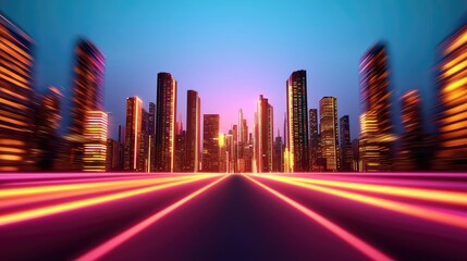 Fototapeta premium Motion blur city in cyberspace featuring a future city landscape concept. Vibrant city skyline illuminated by neon lights at dusk.