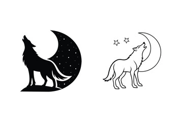 Howling Wolf Moon Night Sky Stars Silhouette Design Art