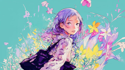 Obraz premium 花と振り返る女性