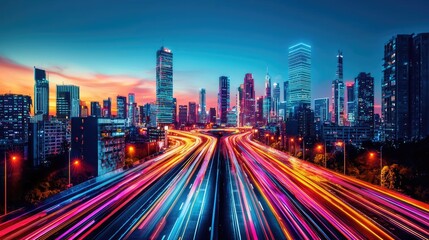 Motion blur city with cyberspace skyline and futuristic landscape concept. Vibrant city skyline with dynamic light trails at dusk.