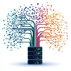 Abstract illustration of data streams resembling a tree growing from a server rack, showcasing vibrant color palettes and digital connectivity.