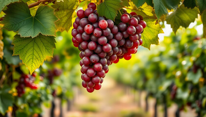 Large bunch of red wine grapes hang from a vine, warm. Ripe grapes with green leaves. Nature background with Vineyard. Wine concept , with white tonespng