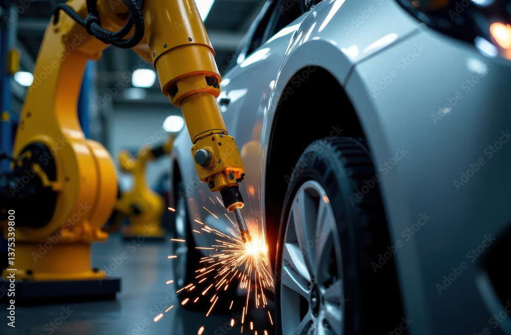 Aufkleber in a modern factory an advanced robotic arm seamlessly welds components on a sleek car creating spar