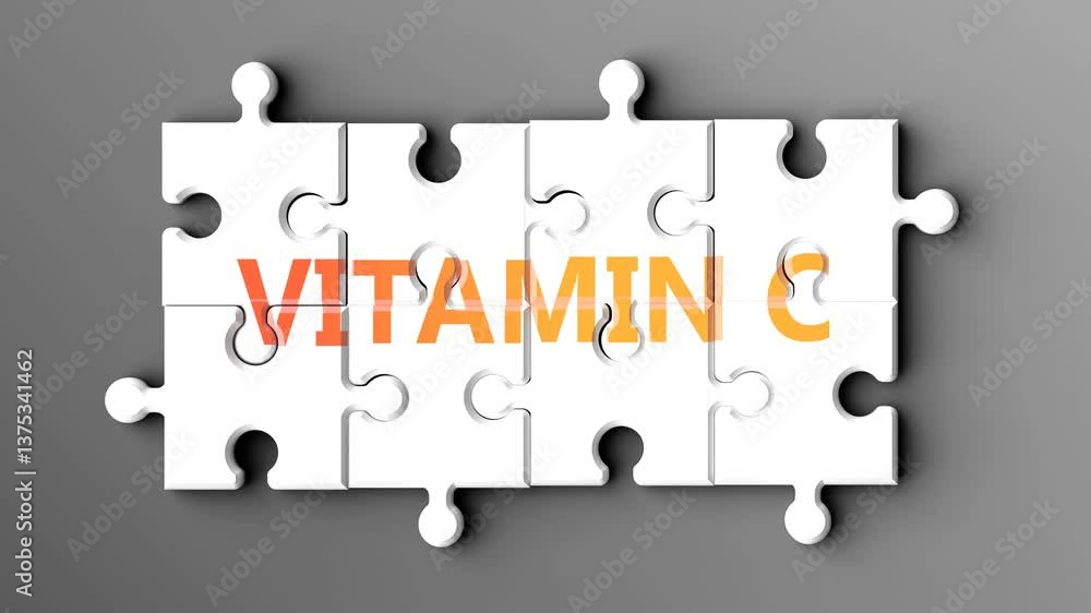Poster vitamin c being a complex topic - puzzle pieces with word vitamin c coming together to make a whole.