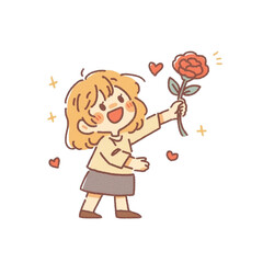 デフォルメ、バラの花を差し出している女の子のイラスト、アイコン、素材、背景なし